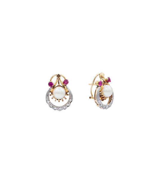 Pendientes vintage estilo chevalier con diamantes, rubís y perlas - Riviere Joyeros