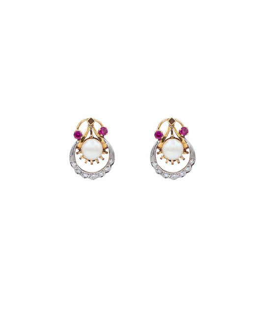 Pendientes vintage estilo chevalier con diamantes, rubís y perlas - Riviere Joyeros